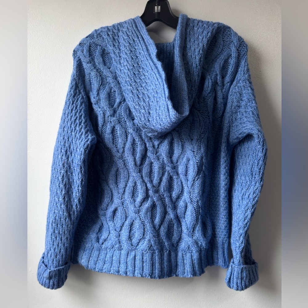 Aran Women’s Wool Cable Knit Hoodie Light Blue Cable-Knit Zip Sweater - Picture 8 of 15